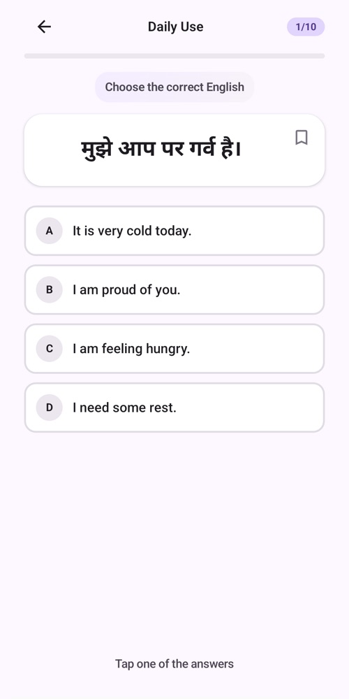 English Talkie question: a Hindi sentence with four English options