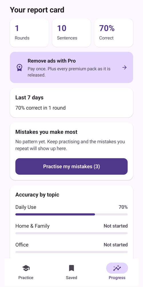 English Talkie report card with accuracy by topic